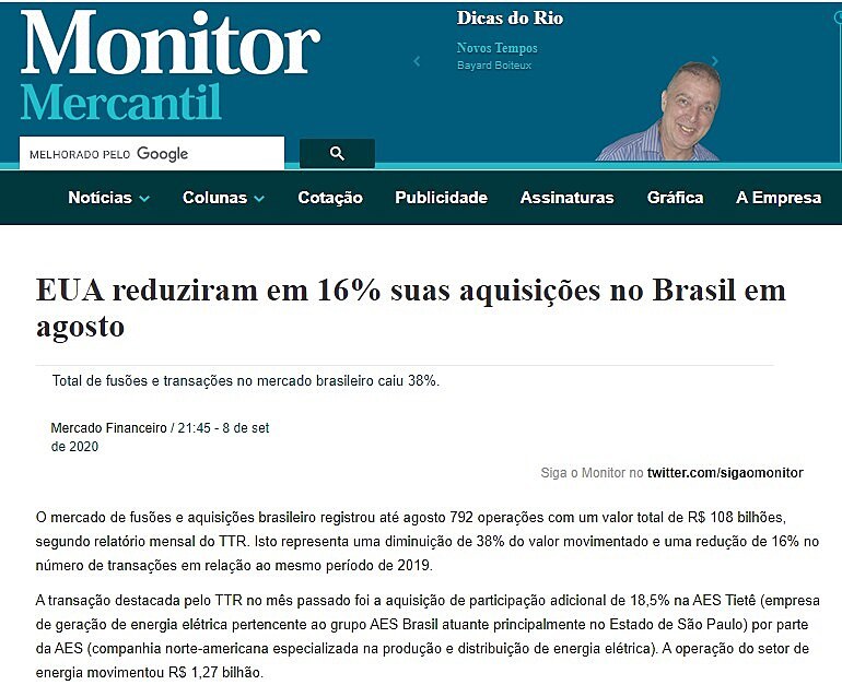 EUA reduziram em 16% suas aquisies no Brasil em agosto